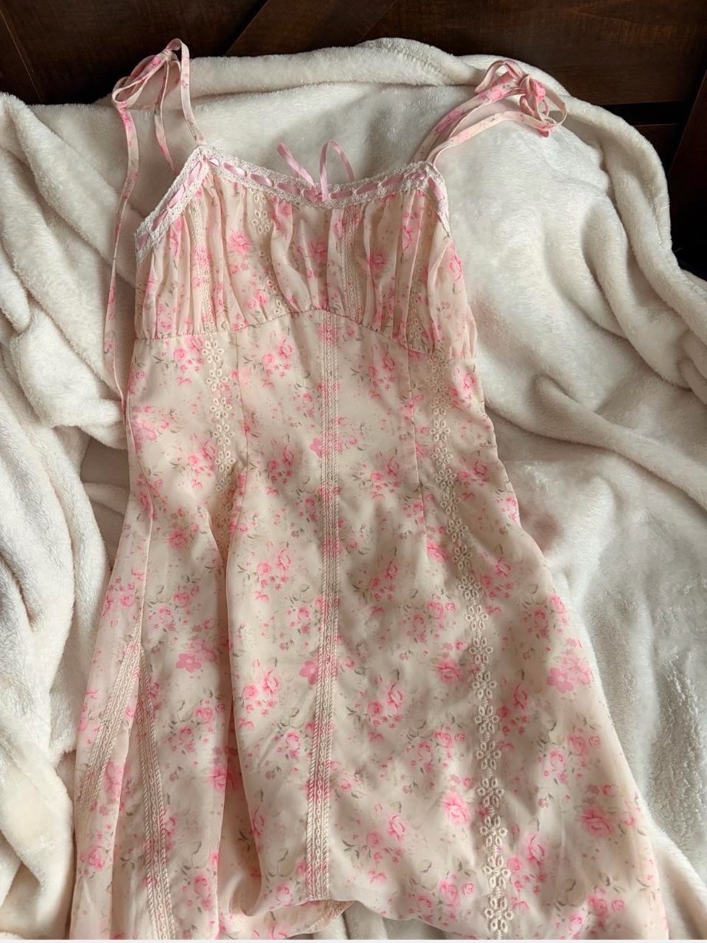 Altar'd State Cream and Pink Floral Tie-Shoulder Mini Dress